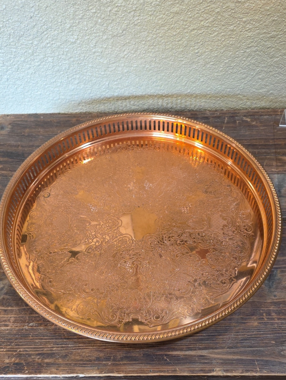 Vintage 1970's Coppercraft Guild Solid Copper Pierced Etched 15'' Round Tray